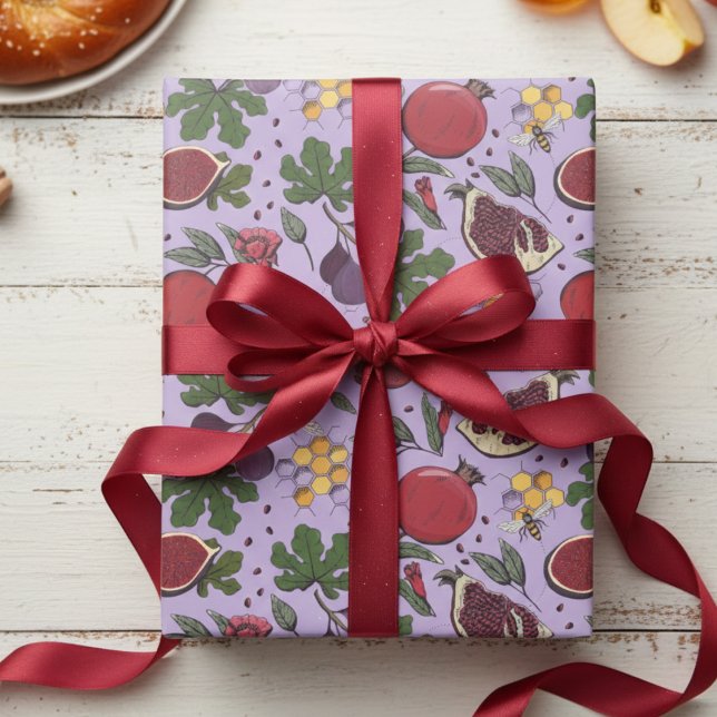 Papel De Regalo Pomegranates, Figs and Honey Bees Purple (Purple and Red Jewish Rosh Hashanah Gift Wrap. Elegant Pomegranate & Fig Fruit & Honey Bees Pattern)