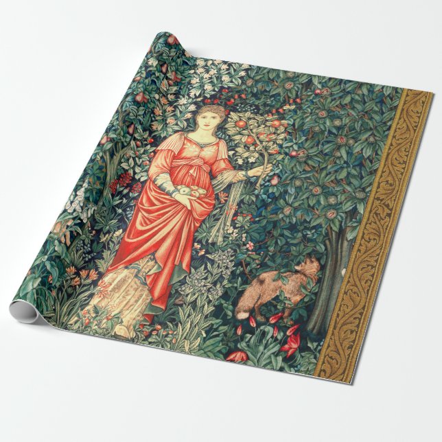 PAPEL DE REGALO POMONA TIENE FRUTAS EN VERDES, ANIMALES FORESTALES (Desenrollado)