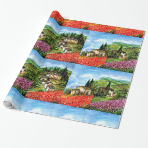 PAPEL DE REGALO POPPIES, IRISES, ALDEA RÚSTICA ANTIGUA EN TUSCANIA