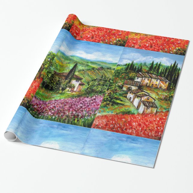 PAPEL DE REGALO POPPIES, IRISES, ALDEA RÚSTICA ANTIGUA EN TUSCANIA (Desenrollado)