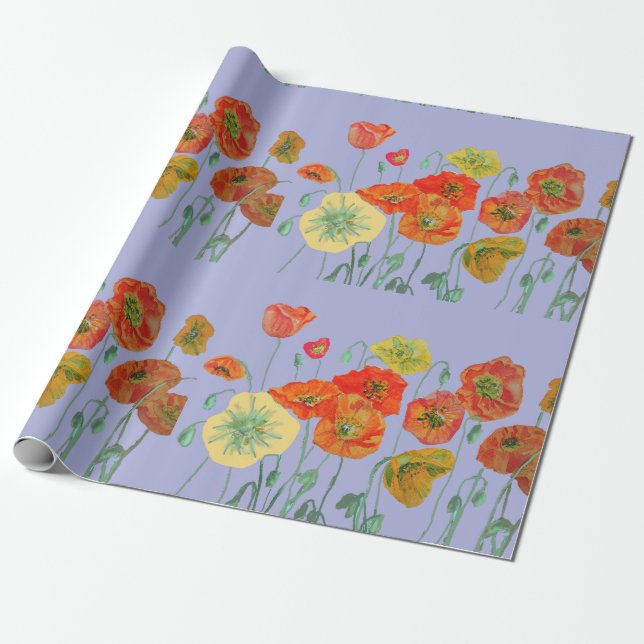 Papel De Regalo Poppies naranja y negro acuarela Lilac púrpura (Desenrollado)