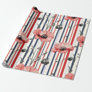 Papel De Regalo Poppies rojos con hojas azules y patrón rayado