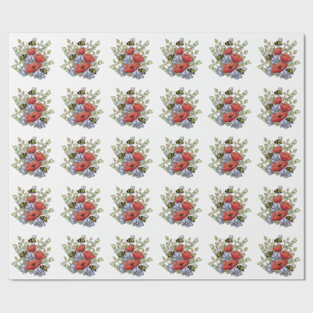 Papel De Regalo Poppy Flowers and Bees Digital Drawing, Botanical  (Superficie plana)