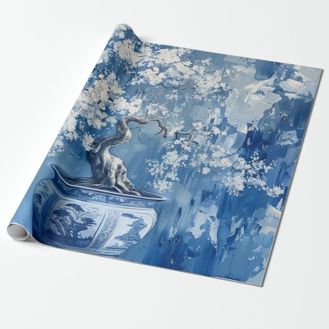 Papel De Regalo Porcelana azul y blanca Chinoiserie Cherry (Desenrollado)
