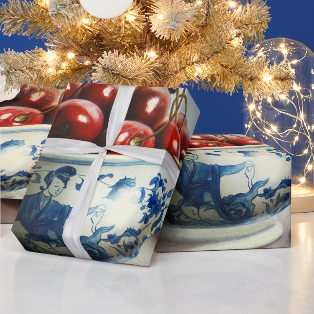 Papel De Regalo Porcelana Azul y Cerezas (Vacaciones)