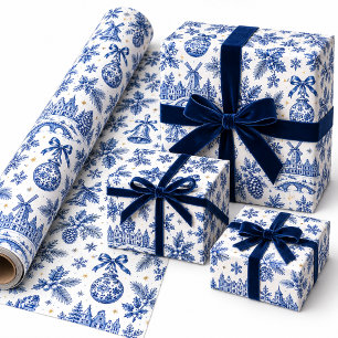 Papel De Regalo Porcelana Blanca y Azul Delft de Navidad Holandesa