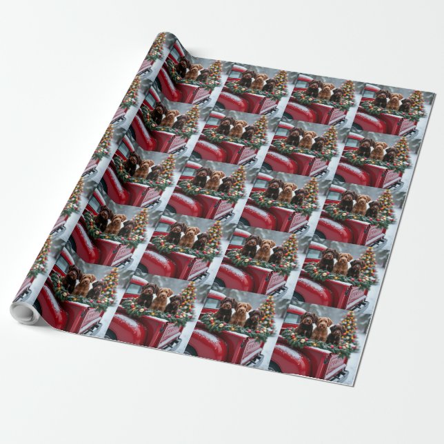 Papel De Regalo Portuguese Water Dog Christmas Red Truck Holiday (Desenrollado)