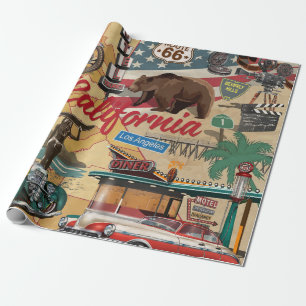 Papel De Regalo Póster vintage de California con atracciones turís
