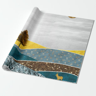 Papel De Regalo Prado dorado con árbol y ciervo