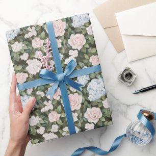 Papel De Regalo Precioso Cumpleaños Nupcial Flores Rosadas Azules