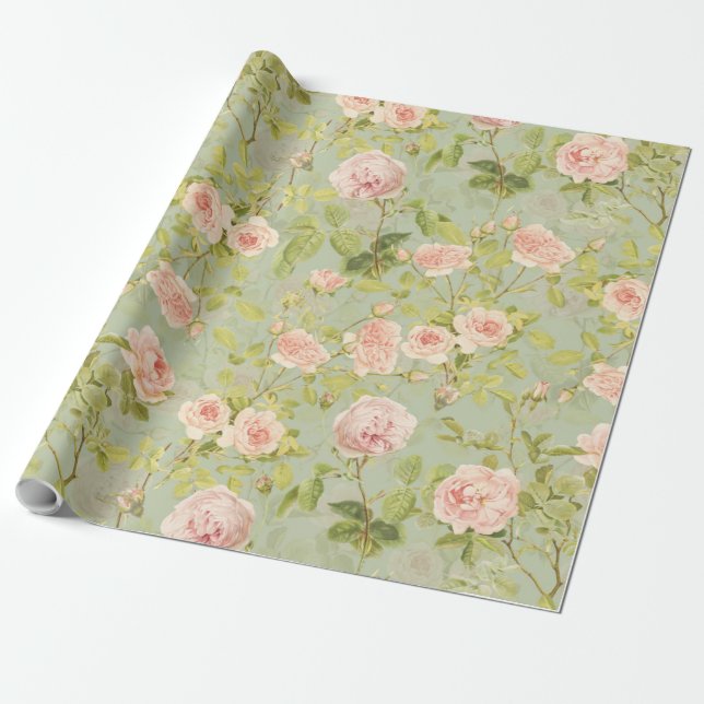 Papel De Regalo Preciosos Rosas de Redouté Rosado Patrón Verde (Desenrollado)