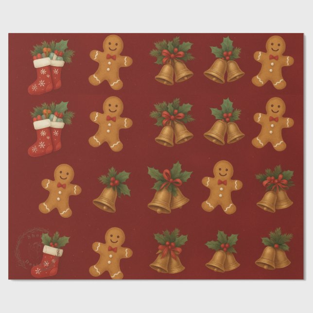 Papel De Regalo Premium Christmas Wrap – Gingerbread & Bells (Superficie plana)