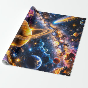 Papel de regalo premium de nebulosa y planetas esp