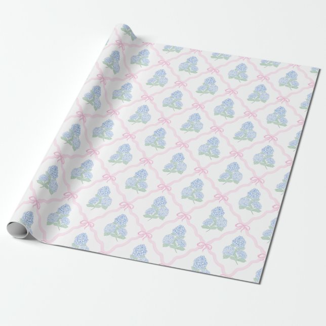 Papel De Regalo Preppy Blue Hydrangea with Pink Bow Trellis (Desenrollado)