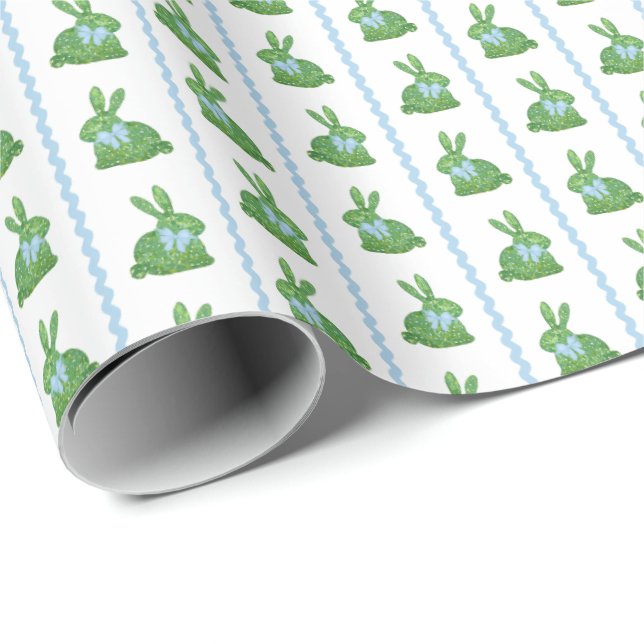Papel De Regalo Preppy Boxwood Bunny Boy Blue Ribbon Baby Shower (Esquina del rollo)