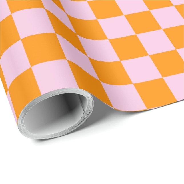 Papel De Regalo Preppy Check Rosa Naranja Mod (Esquina del rollo)