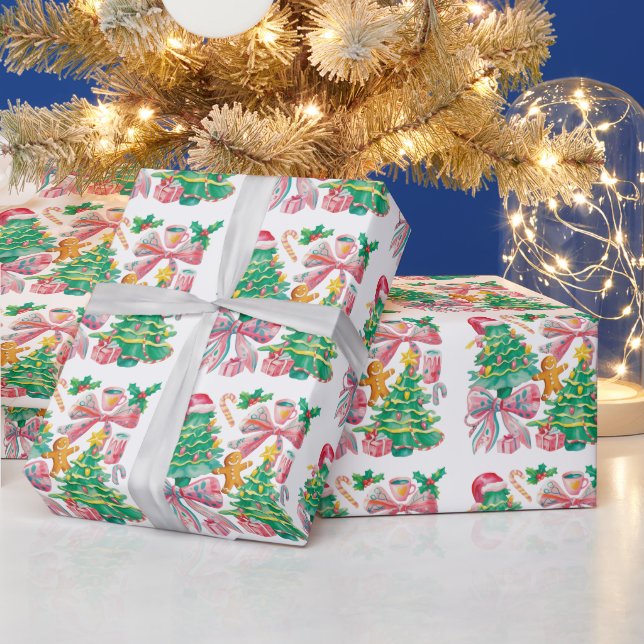 Papel De Regalo Preppy Christmas Tree Bow Pink Blue Coquette (Vacaciones)