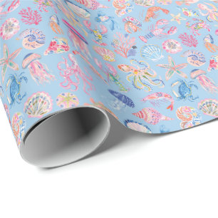 Papel De Regalo Preppy Floral Océano Vida Marina
