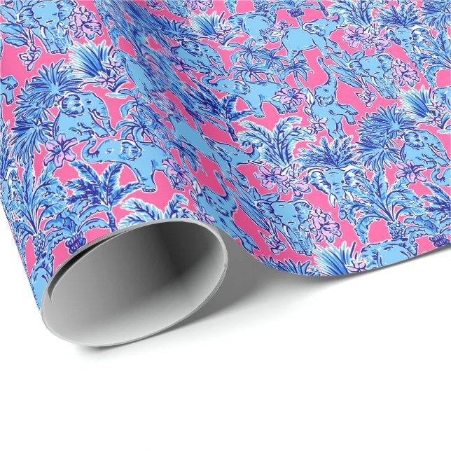 Papel De Regalo Preppy Palm Beach Print Blue Elephants (Esquina del rollo)
