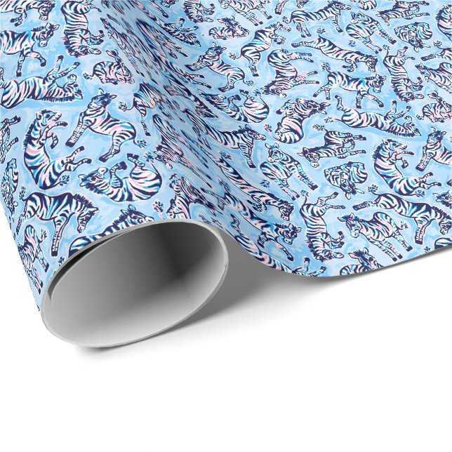 Papel De Regalo Preppy Palm Beach Print Blue Zebras (Esquina del rollo)