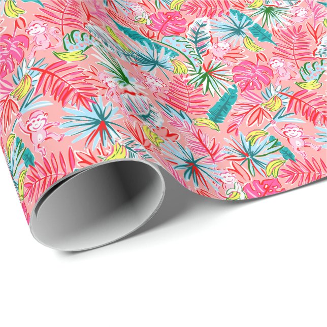 Papel De Regalo Preppy Palm Beach Print Palm Tree Monkeys (Esquina del rollo)