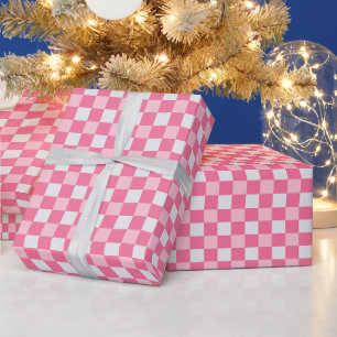 Papel De Regalo Preppy Rosa y Cuadro Blanco Gingham 