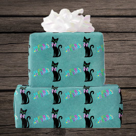 Papel De Regalo Pretty Black Mid Century Cat Pink Bow Christmas