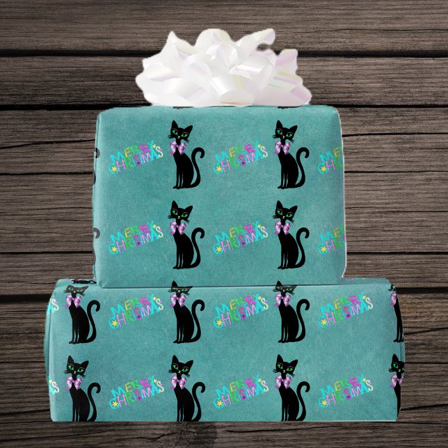 Papel De Regalo Pretty Black Mid Century Cat Pink Bow Christmas (Pretty black mid century style cats colourful Merry Christmas text on teal roll of wrapping paper.)