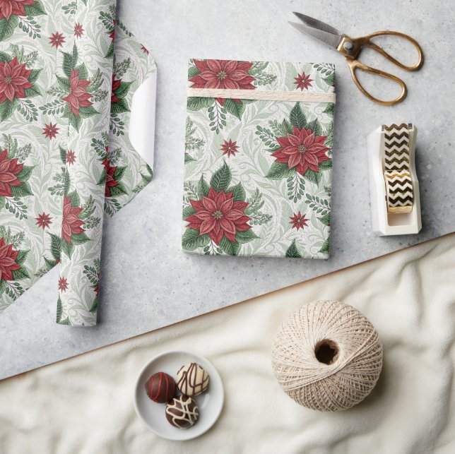Papel De Regalo Pretty Green Toile Red Christmas Flower Pattern (Artesanía)