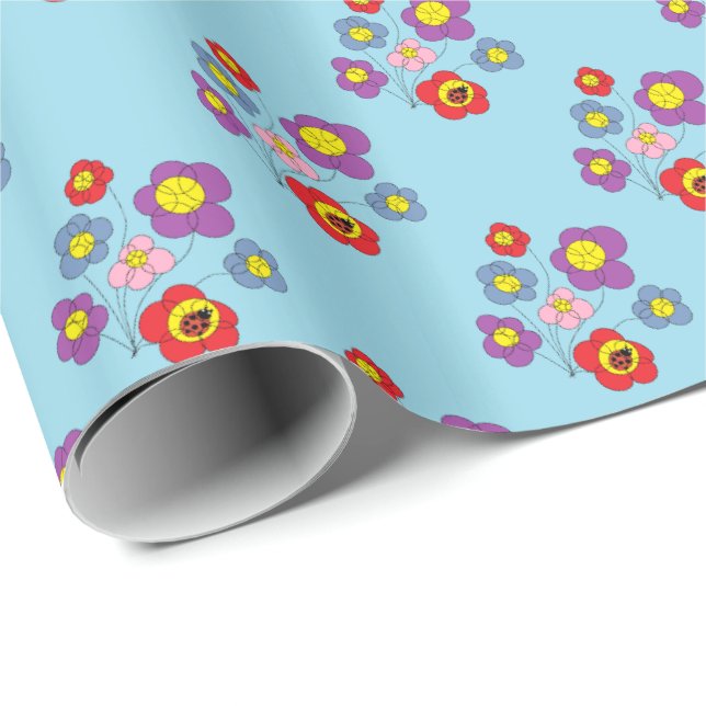 Papel De Regalo Pretty Ladybugs and Flower Pattern Blue  (Esquina del rollo)