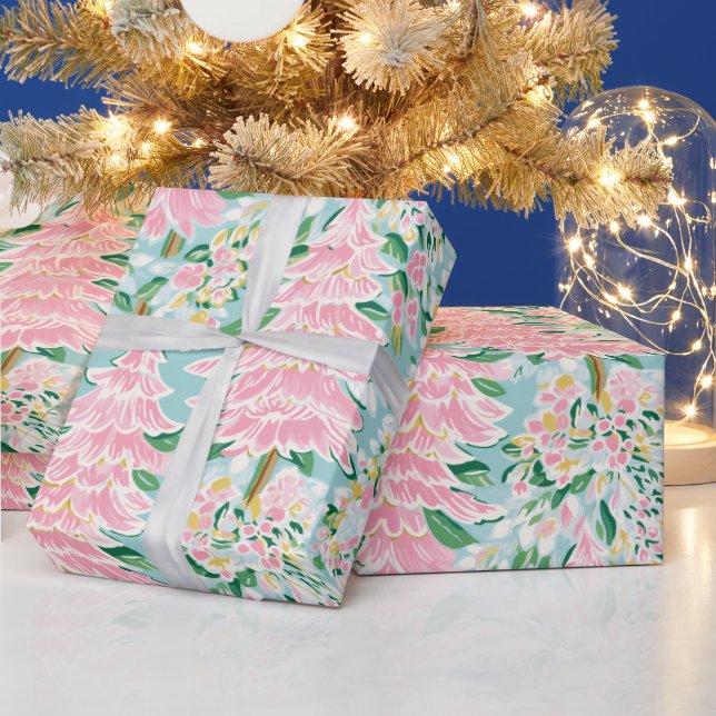 Papel De Regalo Pretty Soft Pastel Pink & Teal Pine Trees Holiday  (Vacaciones)