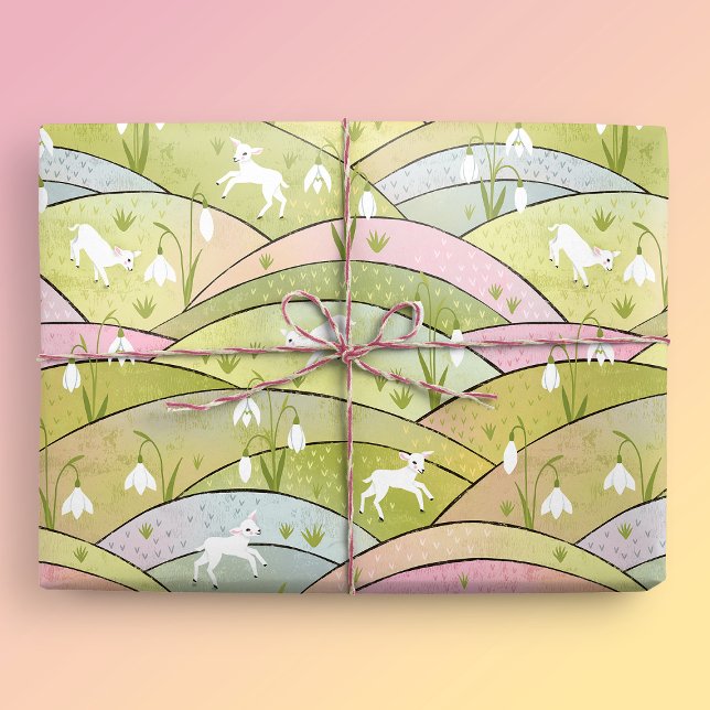 Papel De Regalo Primavera de las colinas con cabras y gotas de nie (Baby Goats Gift Mockup)