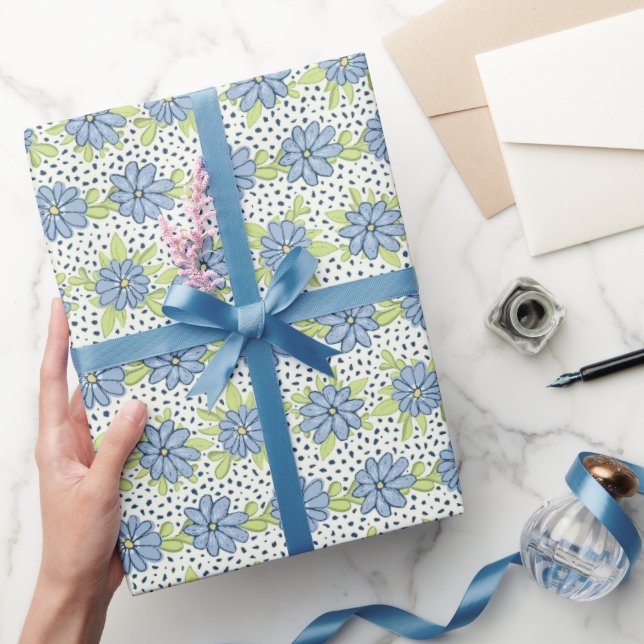 Papel De Regalo Primavera floral azul moderna (Regalar)