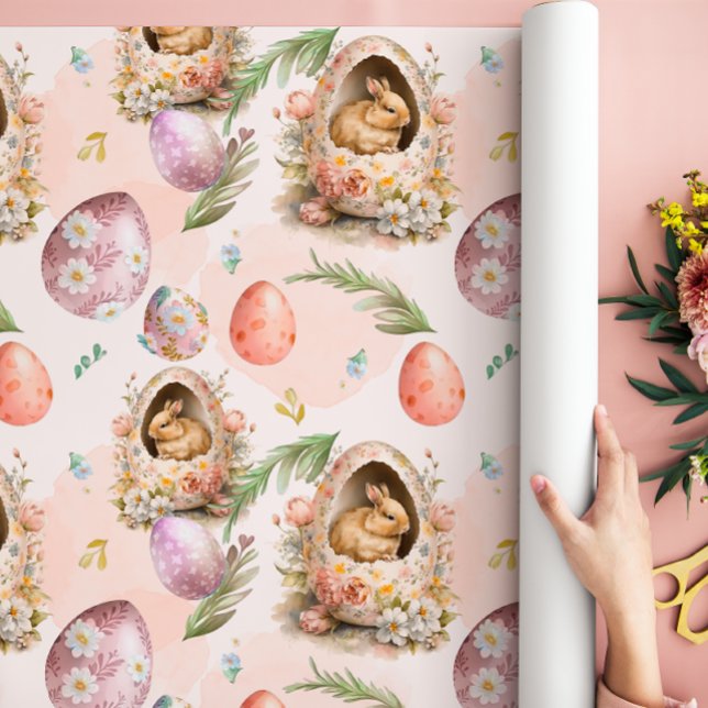 Papel De Regalo Primavera Floral Pascua Celebración de Conejo Rosa (Subido por el creador)