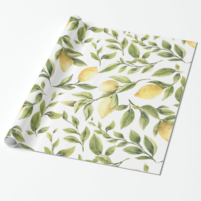 Papel De Regalo Primavera Fresco acuarela amarilla hojas verdes de (Desenrollado)