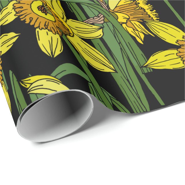 Papel De Regalo Primavera Narcissus Daffodis en Black Bold Floral (Esquina del rollo)