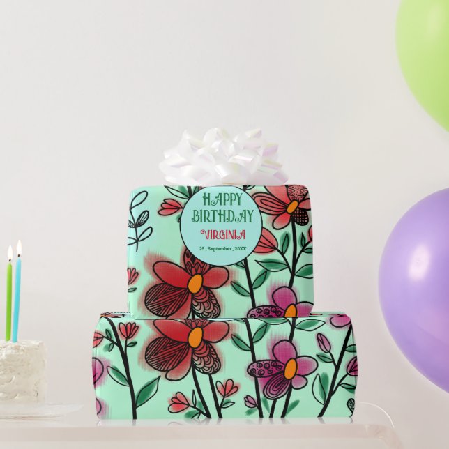 PAPEL DE REGALO PRIMAVERA ÚNICA DOODLE ROJO FLORES CUMPLEAÑOS (Regalos de fiesta)