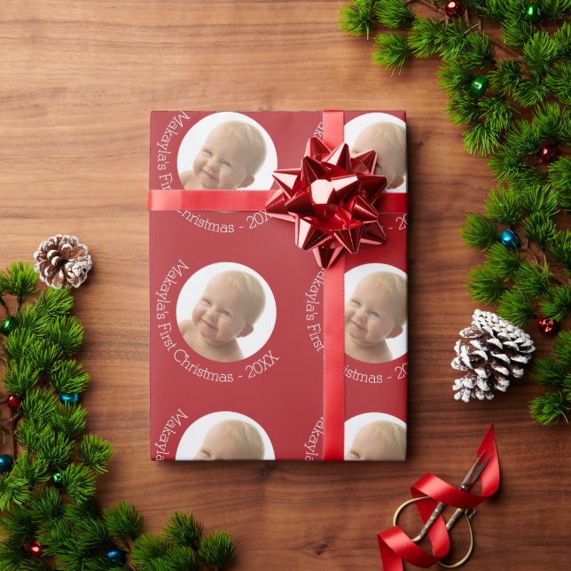 Papel De Regalo Primer año rojo de foto navideña de bebé (Regalo de vacaciones)