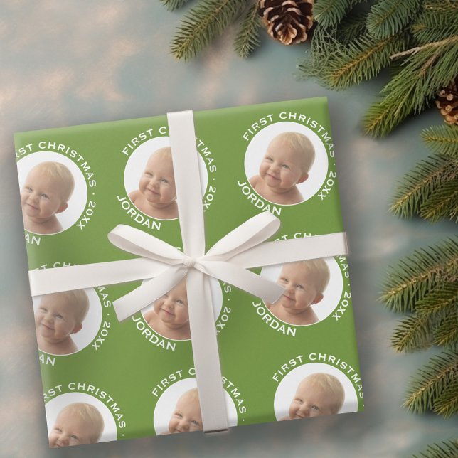 Papel De Regalo Primer año y nombre personalizado de foto navideña (Personalized Wrapping paper - 1 Photo)