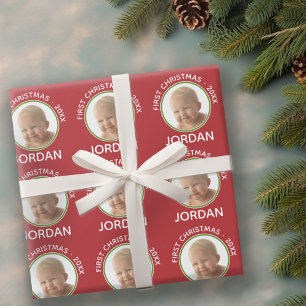 Papel De Regalo Primer año y nombre personalizado de foto navideña