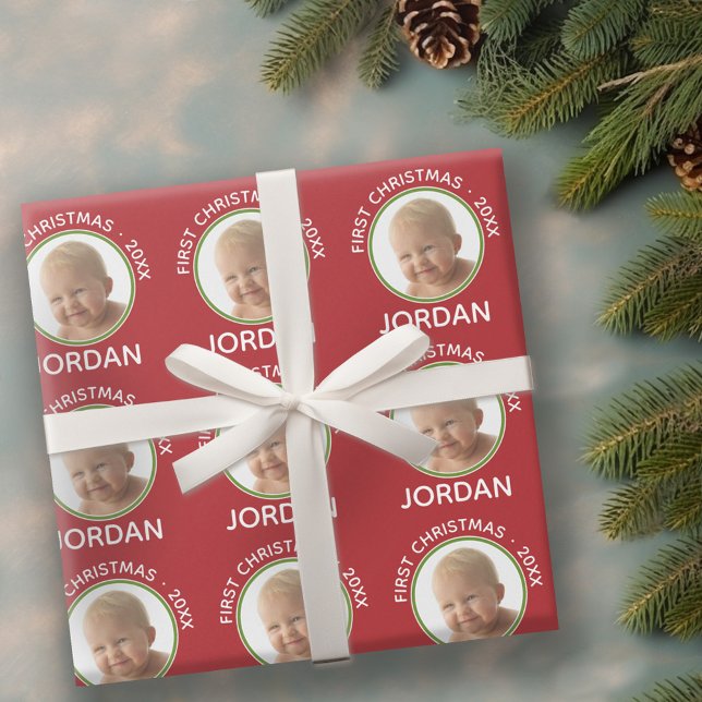 Papel De Regalo Primer año y nombre personalizado de foto navideña (Personalized Wrapping paper - 1 Photo)