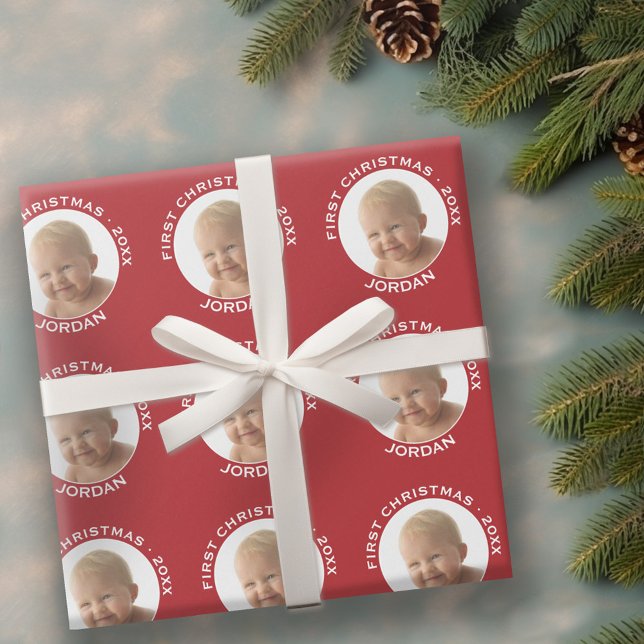 Papel De Regalo Primer año y nombre personalizado de foto navideña (Personalized Wrapping paper - 1 Photo)
