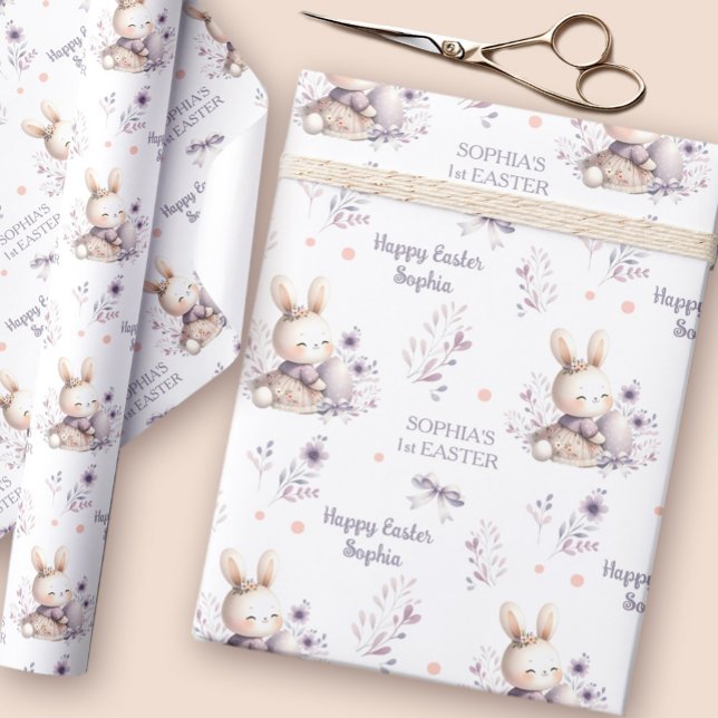 Papel De Regalo Primer Chica de Pascua Bunny Nombre Personalizado  (First Easter Girl Bunny Personalized Name Purple Wrapping Paper)