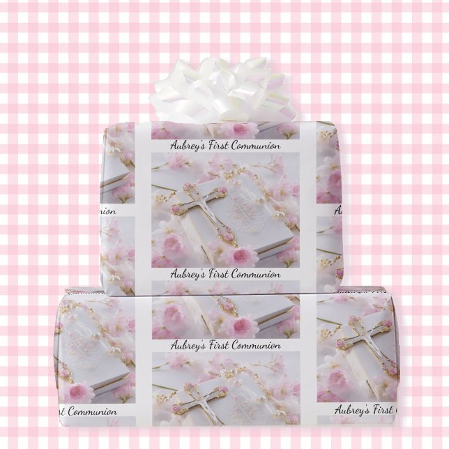 Papel De Regalo Primer Chica rosa de la comunión Añadir el nombre  (Subido por el creador)