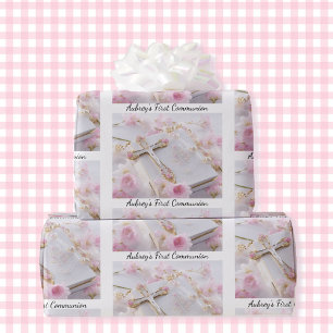 Papel De Regalo Primer Chica rosa de la comunión Añadir el nombre 