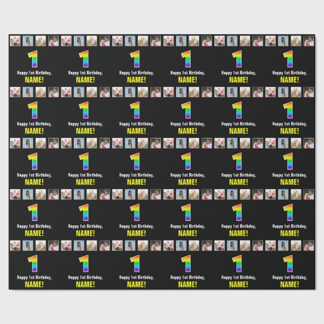 Papel De Regalo Primer cumpleaños: Arcoiris "1"; fotos y nombre de (Costura)