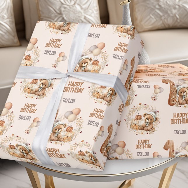 Papel De Regalo Primer cumpleaños de Beary Oso de Otoño primer cum (Beary First Birthday Fall Bear 1st Birthday Wrapping Paper)