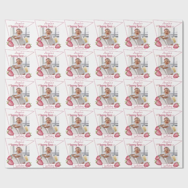 Papel De Regalo Primer cumpleaños de fresa Berry (Superficie plana)