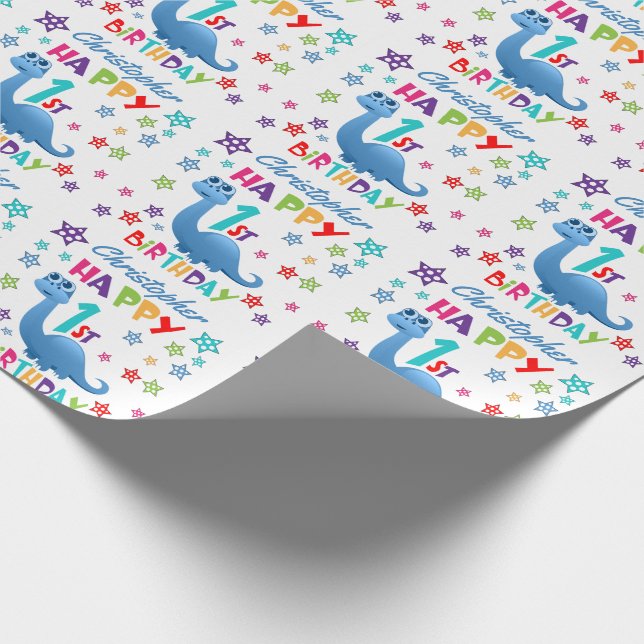 Papel De Regalo Primer cumpleaños de los dinosaurios azules (Esquina)