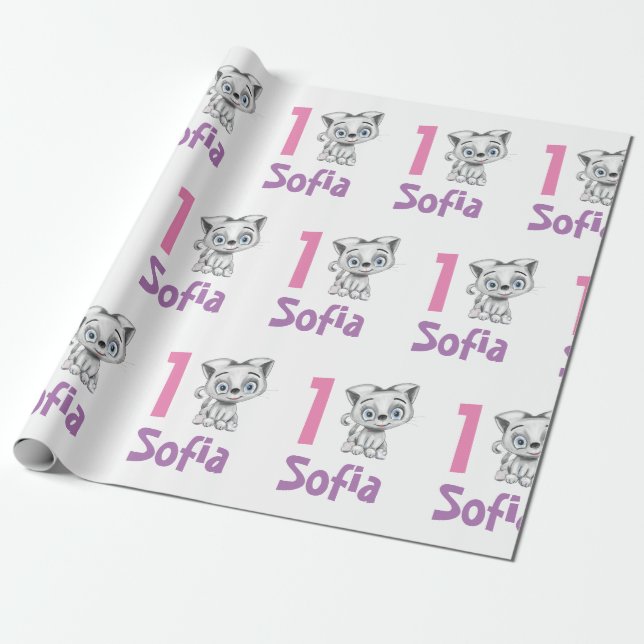 Papel De Regalo Primer cumpleaños del gato de bebé personalizado (Desenrollado)